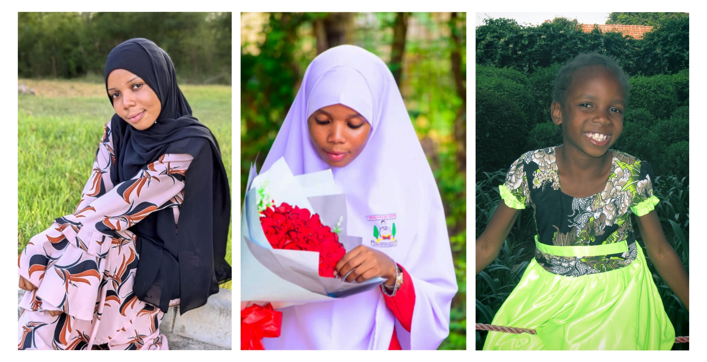 Left to Right: Nusra in her second year of university (2026),  Nusra graduating Form 6 Bwiru Secondary School, and when Cari met Nusra in 2013 when she was 8 years old.