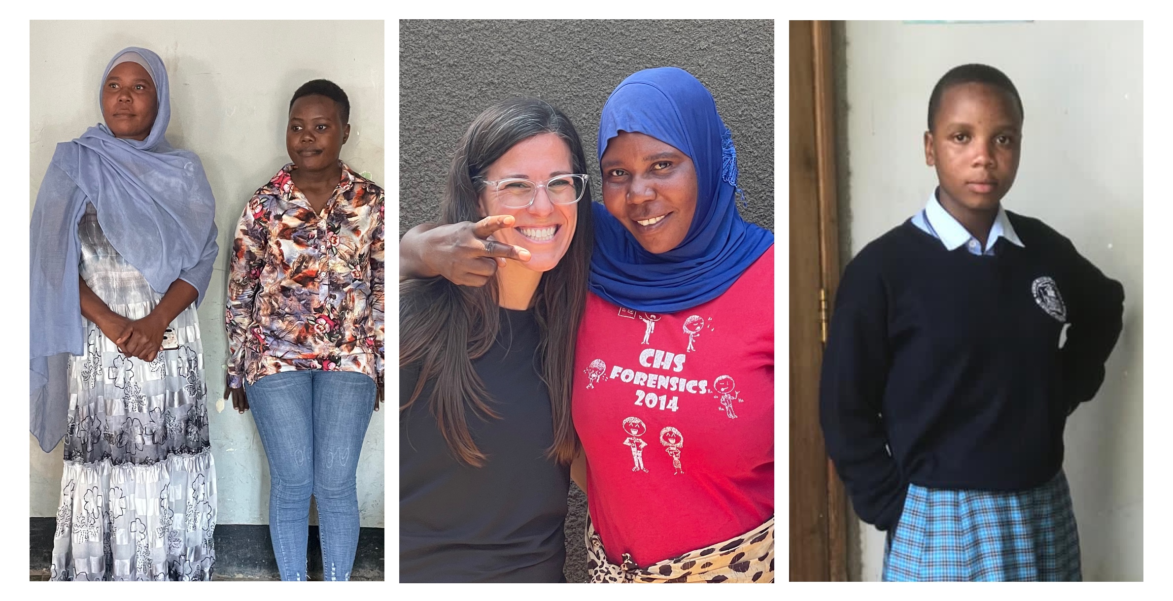 Left to Right:  Fatuma and Janeth (translator) being interviewed about Nusra’s success as a student during Cari’s visit in 2023. Cari and Fatuma reunited at the orphanage, gushing over how much Nusra has grown (2023). Nusra (2018) at Edmund Rice Sinon Secondary School.
