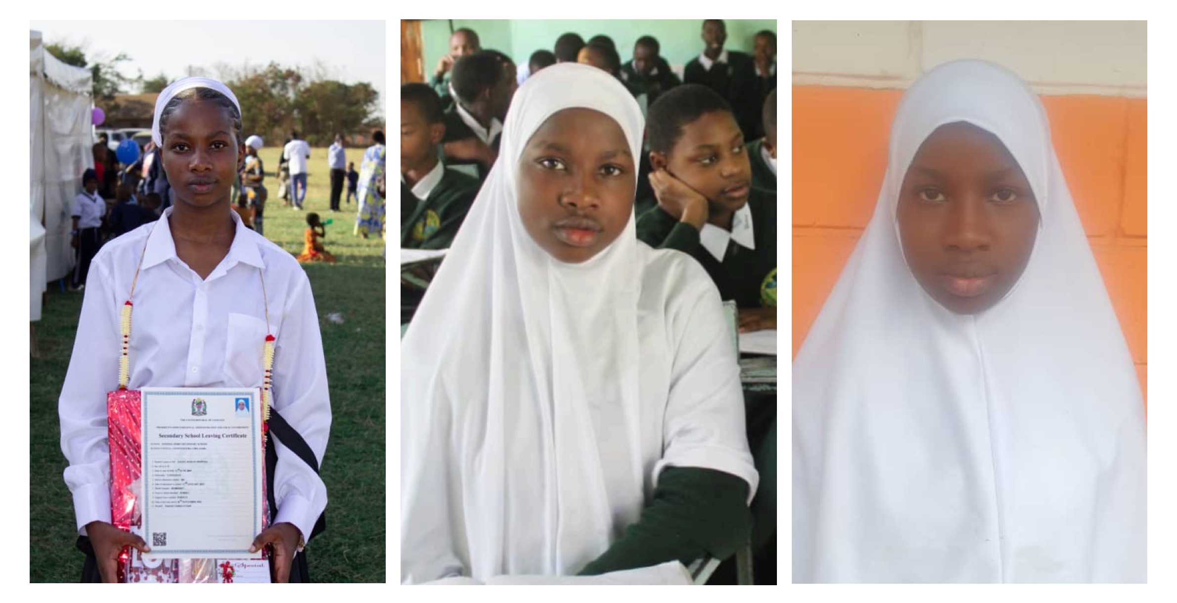 Left to Right: Salha at Winning Spirit graduation in 2025; Salha in class in 2022, and Salha graduating from primary school in 2021.