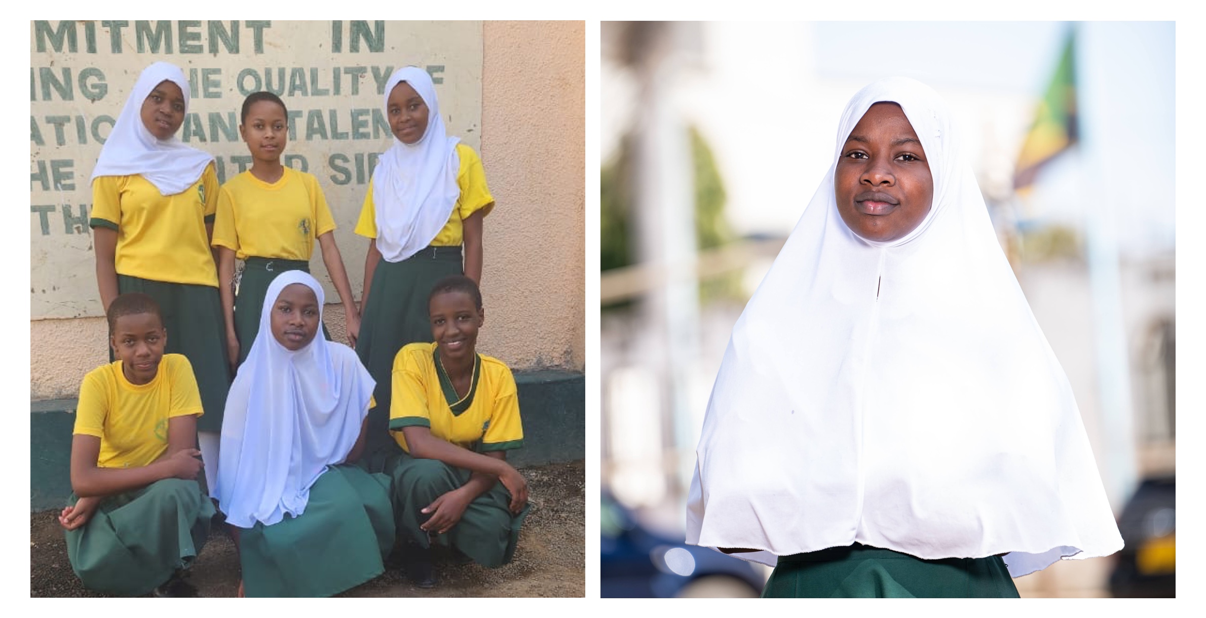 Left photo: Shadya, Careen, Naima, Luciana, Salha, and Rachel, our female students at Winning Spirit in 2022. Right photo: Cari meeting Salha in 2023